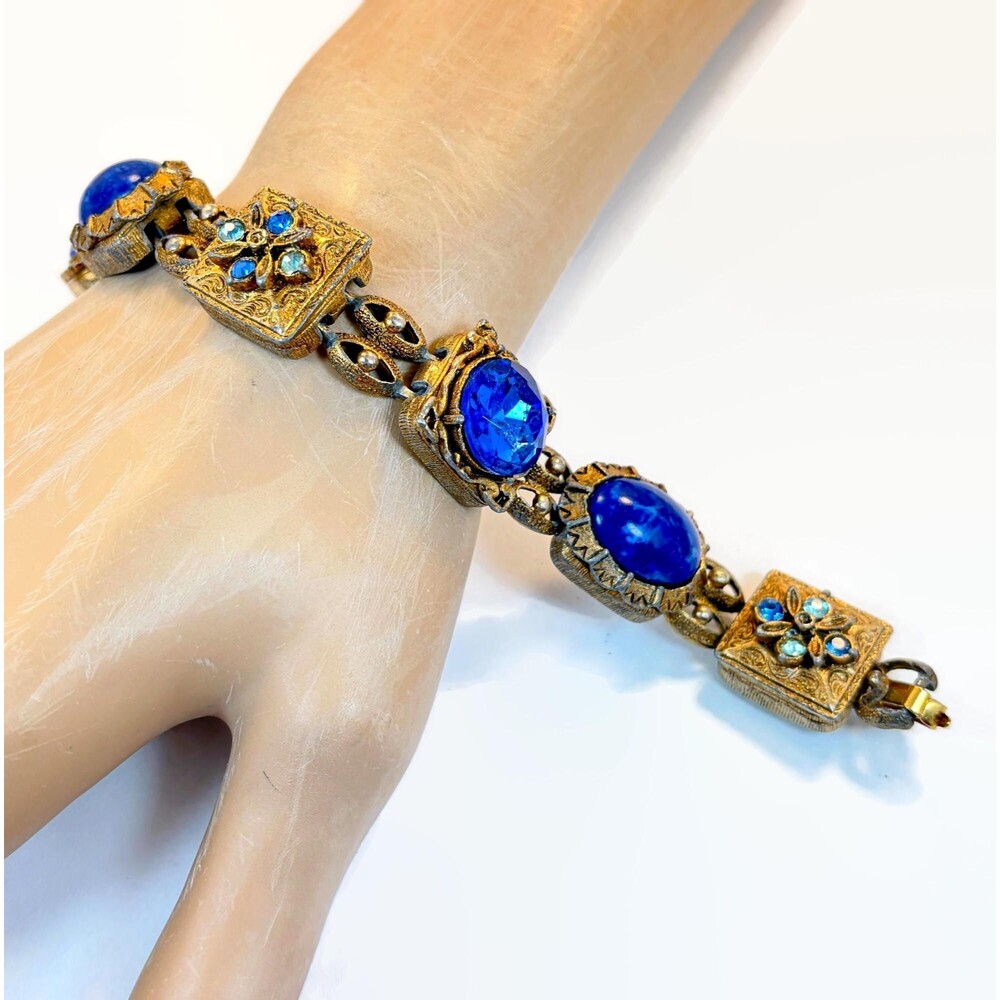 Vintage Bracelet, 50s, Gold Tone, Links, Blue, Rhinestones, Ornate